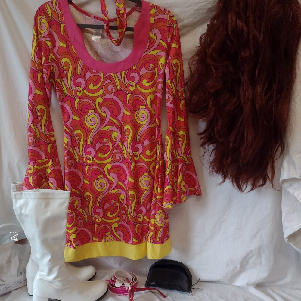 60's Go-Go Costume complete with Dior Sunglasses, Dress, Boots, Red Bouffant Wig - Picture 4 of 16